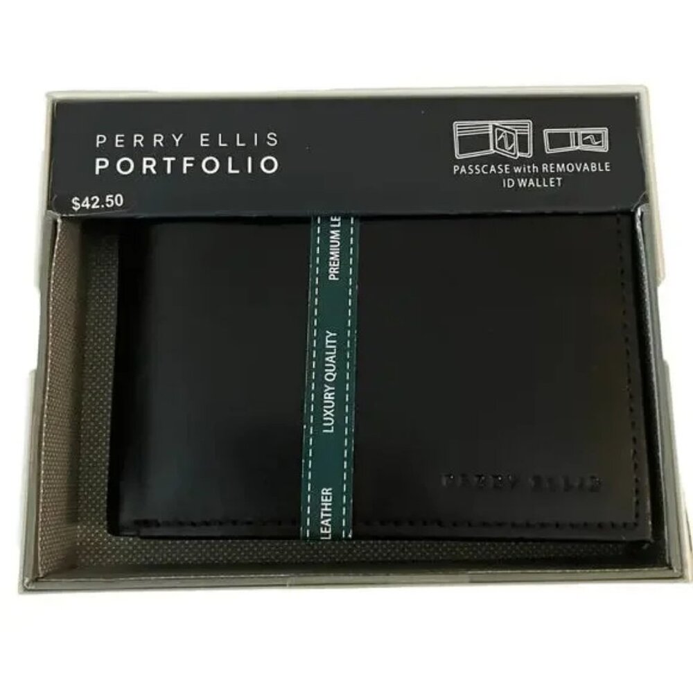 Perry Ellis Black Luxury Leather Portfolio Passcase Wallet with Removable ID